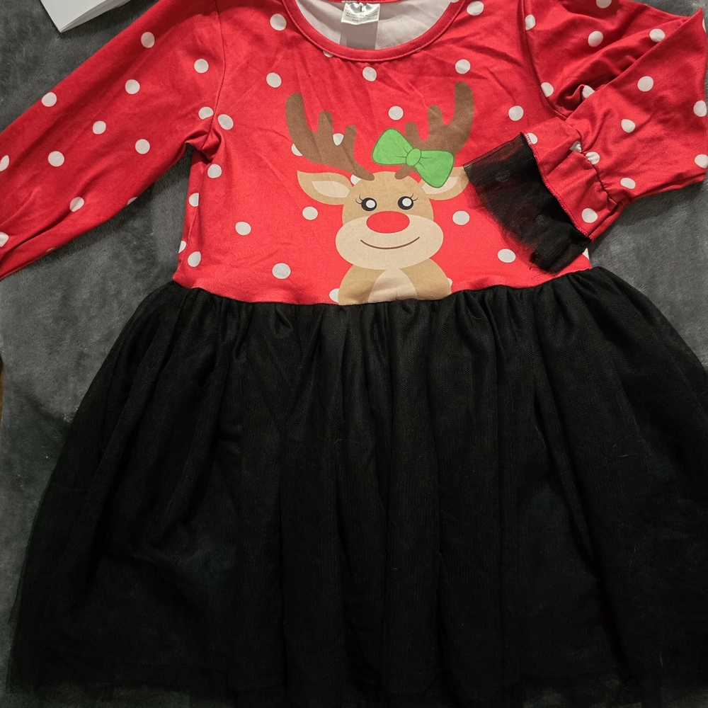 Red Polka Dot Reindeer Dress with Black Skirt